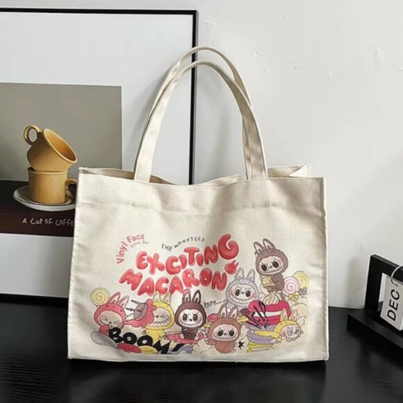 Handbags - Labubu Canvas Tote Bag Cute Cartoon Print Reusable Shoulder Bag 15x11